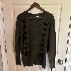 Maurices Green and Black Crew Neck Sweater with Lace-Up Detail